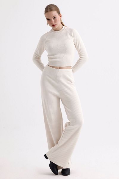 MD trend Women's Crop Sweater and Trousers Double Crew Neck Knitwear Set