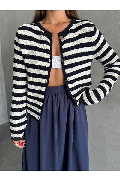 Laluvia Marineblau-cremefarbener Mia-Strickjacke mit seitlichen Streifen-4390