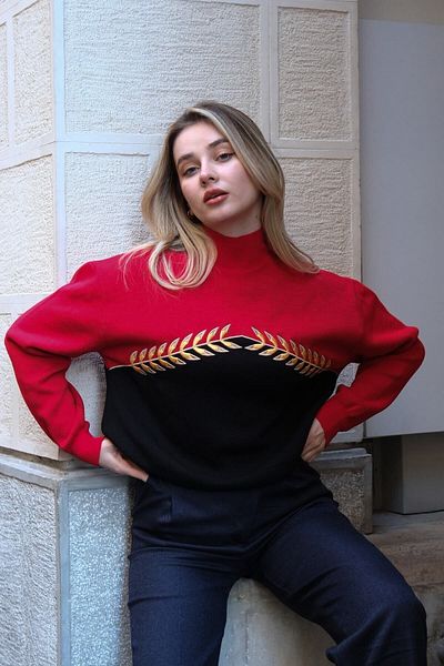MY BELLA BUTİK Embroidered Red Black Half Turtleneck Sweater