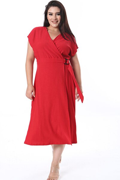 Şans Red Wrap Plus Size Buckle Wrap Dress - 65N38314