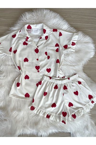 Pijamacs Heart Patterned Pajama Set with Red Shorts - RuFFle Sleeve and Leg Detail