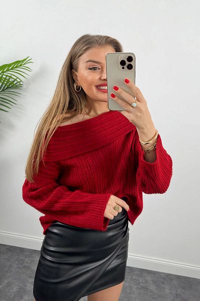 Didem Butik Tricotaje roșii Guler Madonna Pulover moale Bluză completă