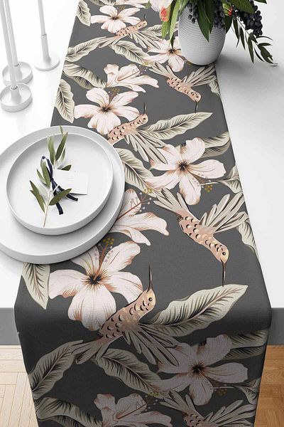 Pilloveland Smoked Hibiscus Patterned Suede Runner - 140*40 cm