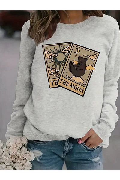 CAST COLLECTİON Γκρι The Moon Printed Unisex Oversize Φούτερ - Ποδηλατικός γιακάς