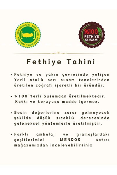 MENDOS Yerli Fethiye Susamından, Taze - Tek Kavrulmuş Fethiye Tahini 1900 gr
