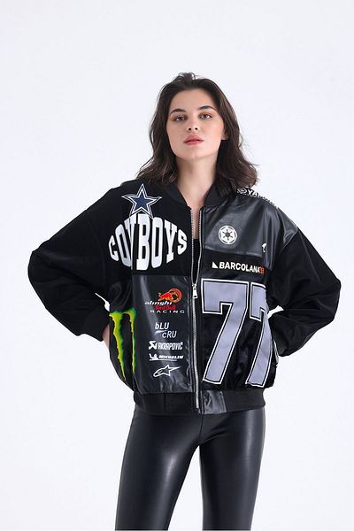Black Level Palton de piele oversize pentru femei - jachetă de curse cu fermoar, căptușită și imprimată