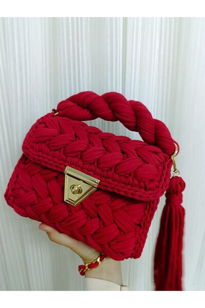 CHQEL Rochie de seara de dama rosie - model fistic lucrat manual, geanta din fire de bumbac pieptanat si mana, umar si detaliu cruce