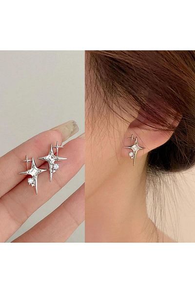 toptanhanem Star Rhinestone Design - Steel Silver Kupe, Anti-Tarnish and Anti-Allergic