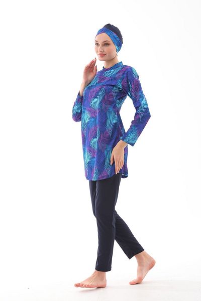 medipek Patterned Blue Hijab Swimsuit - Full Covered and Lycra
