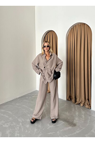 Laluvia Mink színű 100% pamut kétsoros kimonó és nadrág szett - egygombos