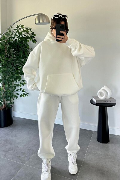 OKULCUBABA Γυναικείο σετ φόρμας χωρίς στάμπα, από βαμβάκι με 3 κλωστές, φαρδύ...