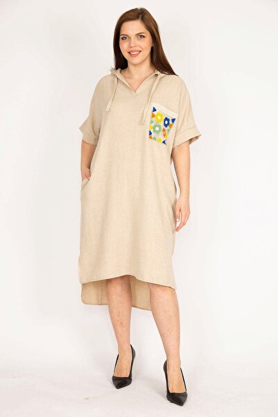 Şans Дамска мрежеста рокля с джобове с качулка и нисък ръкав с голям размер 65n36012