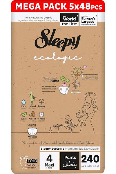 Sleepy Ecologic Pants Size 4| 240 count | Eco-Friendly | Hypoallergenic | Absorbent | All-Natural