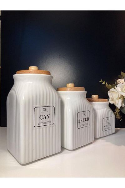 Pembelia Life 3 Size Bamboo Vacuumed Porcelain Tea Sugar Coffee Jar 3-Piece Storage Set 1000ml,750ml,500ml