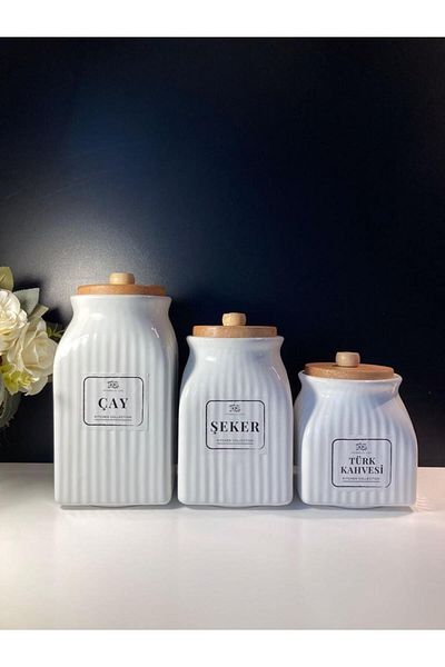 Pembelia Life 3 Size Bamboo Vacuumed Porcelain Tea Sugar Coffee Jar 3-Piece Storage Set 1000ml,750ml,500ml