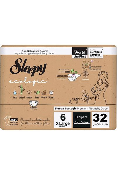 Sleepy Ecologic Size 6 | 32 Count | 3-6Kg Diapers | Hypoallergenic | Organic | 100% Leakproof