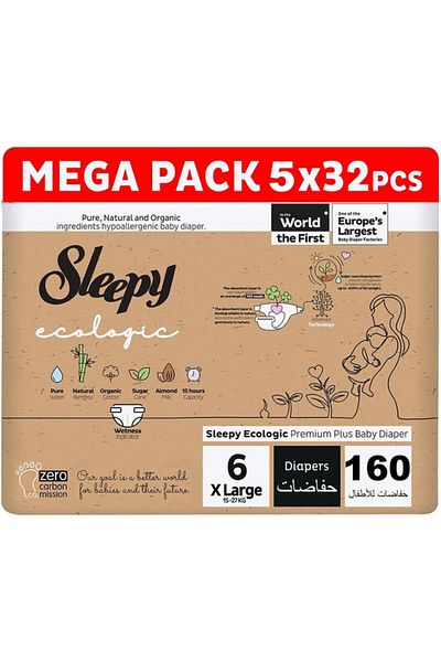 Sleepy Ecologic Size 6 | 160 Count | 5X32 Diapers | Hypoallergenic | Organic | 100% Leakproof