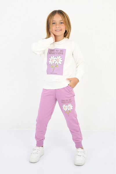 TRENDİMİZBİR Girl's Time to Do Flower Printed Double Set Lilac