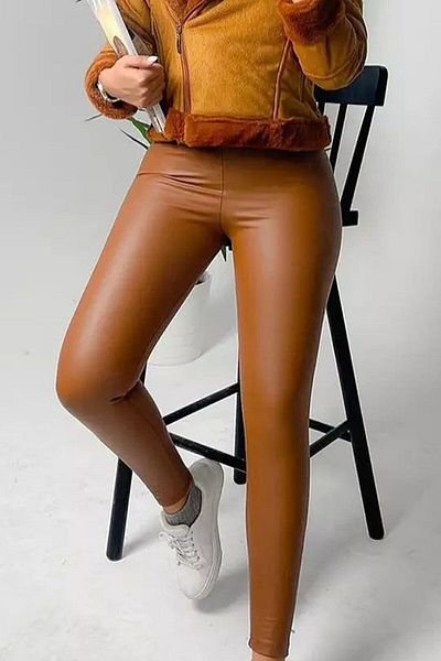 Turkey Live Tan Fleece High Waist Faux Leather Leggings