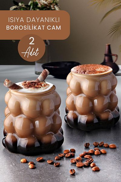 Mercan 350 ml Borosilicate Glass Beaded Coffee Glass 2 Pieces Heat Resistant Grape Cup