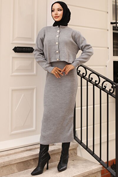 benguen Γκρι 3064 Model Gilet Knitwear Set - Button Detailed