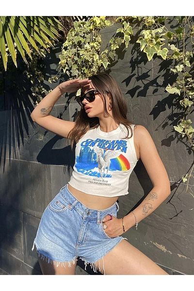 Arzulica Λευκό Crop Top με στάμπα μονόκερου