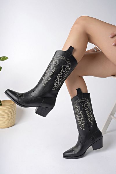 bakacstore Черни кожени бели бродирани дамски каубойски ботуши за нов сезон