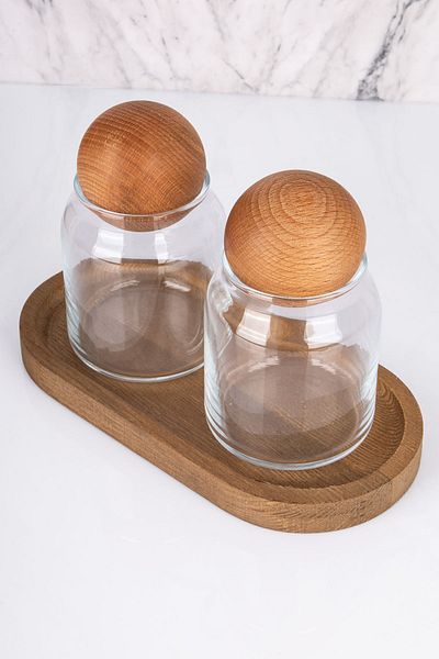 Home 2-piece Glass Jar Set with Wooden Ball Lid and Stand