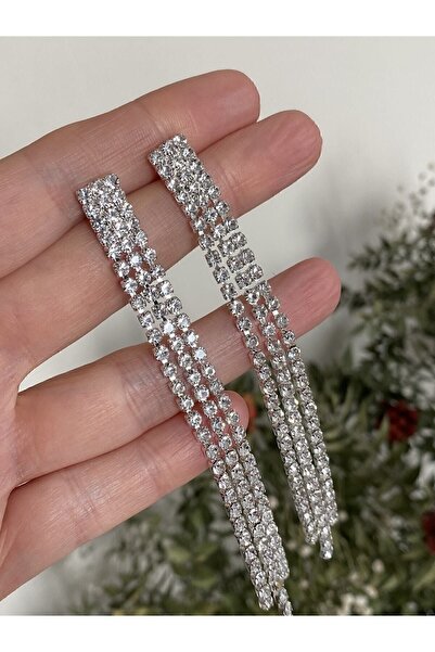 ACCESSORIES WORLD Kadın Taşlı Sallantılı Uzun Su Yolu Gümüş Renk Abiye Küpe