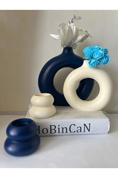 HEYKELCAN Lacivert-Krem Halka Bohem Vazo mumluk Seti 2'li Dekoratif Donut Obje