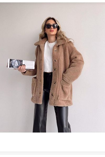GENÇ MODA سترة صوفية من القطيفة ذات الياقة كبيرة الحجم وغير مبطنة من الداخل والخارج