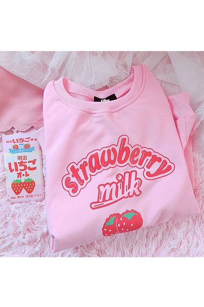 EVIus Hanorac pentru femei Harajuku Kawaii roz cu model căpșuni - decolteu, 3 fire
