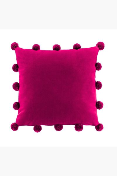 Bc Home Büyük Ponponlu Fuşya Kare Kırlent Kılıfı 43 x 43 cm, İskandinav , Bohem