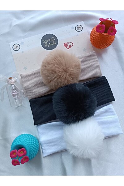 MyHubi 3-Piece Combination Handmade Baby Girl Rabbit Hair Pompom Bandana