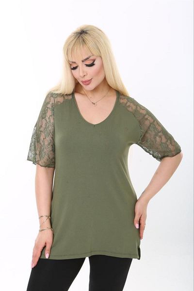 HÜLYA BUTİK Green Sleeve Lace Detailed V-Neck Blouse