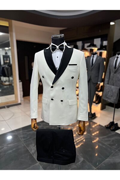 Terziayhan Beyaz Slimfit Kırlangıç Yaka Kruvaze Damatlık Takım Elbise