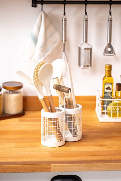 FH finehome Marta Ahşap Kulplu Telli 2'li Kaşıklık Beyaz