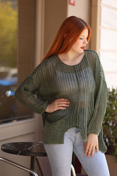 AYASOFYA OTANTIK Χακί γυναικεία πλεκτή μπλούζα - Vintage casual βαμβακερή, λαιμόκοψη, υπερμεγέθη τουνίκ με τσέπες