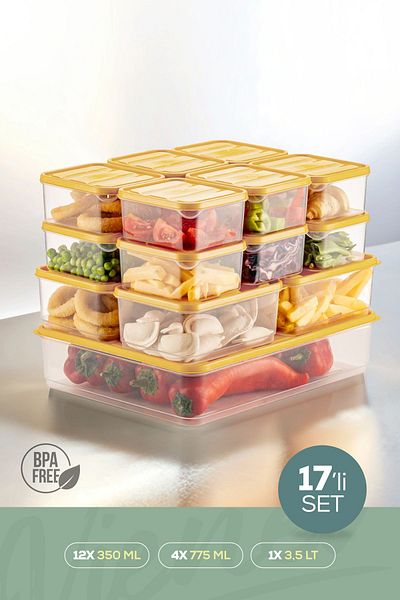Vienev 17-Piece Yellow Microwavable Refrigerator Organizer - Freezer Storage Container