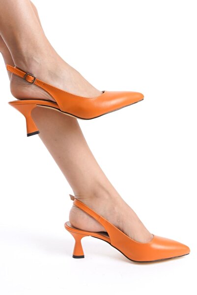 Ayakkabı Podyumum "Şevval" - 5 cm Orange Pointed Toe Open Back Goblet Heel, N...