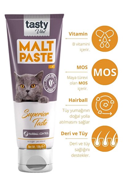 TASTY VİTAL Kedi Malt Pasta 100 gr Kediler Için Tüy Yumağı Önleyici