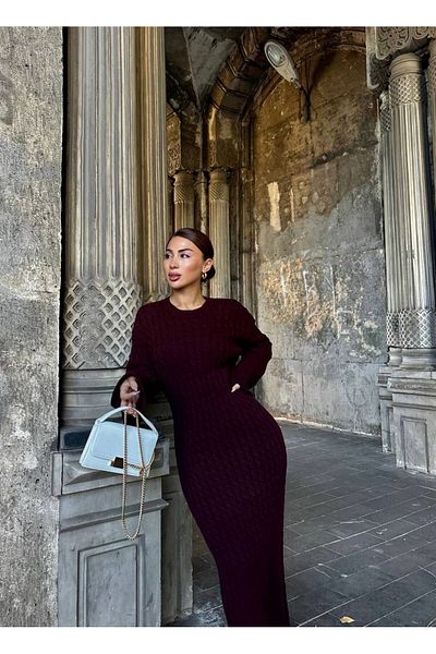 Askı Nişantaşı Rochie din tricot burgundă împletită cu păr - Decolteu 101-01382