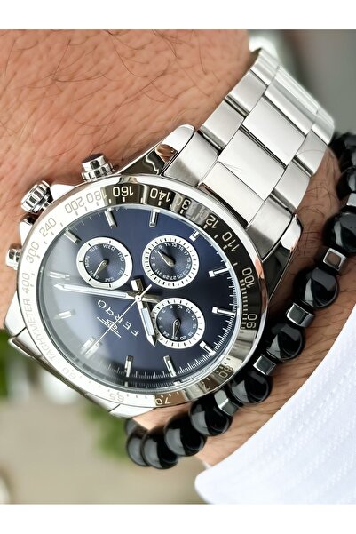 FERRO ساعة يد رجالية - لون فضي، سوار فولاذي، وظائف نشطة، مسبحة وسوار