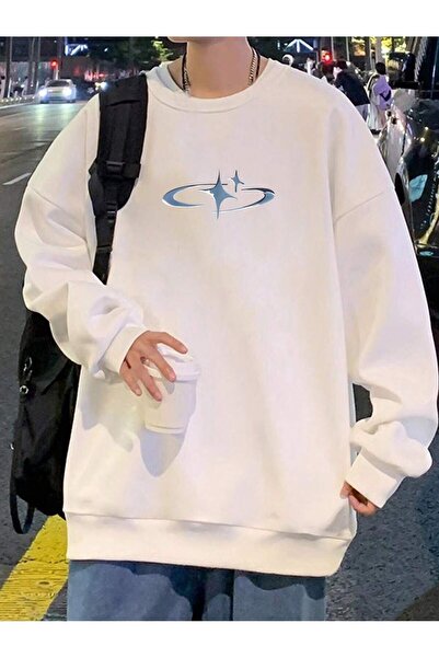 FECCY Hanorac oversize unisex, alb, imprimat, cu guler tip crewneck