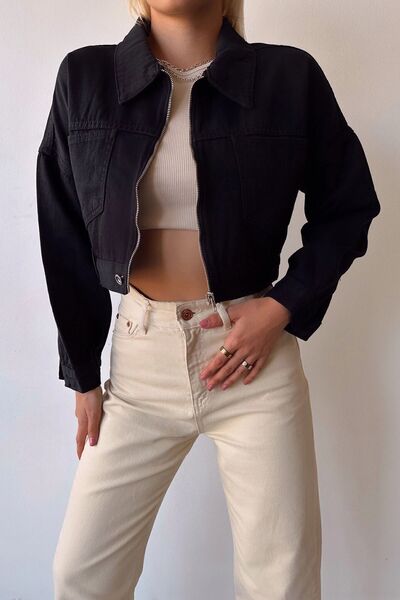 bacc Jachetă neagră de blugi crop - Buzunare duble și fermoar, lavabilă Bcdf-...