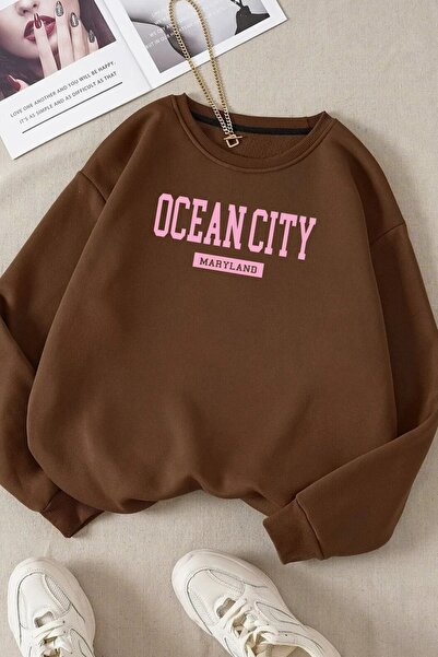 FECCY Hanorac oversize unisex din bumbac maro cu imprimeu Ocean City - Decolt...