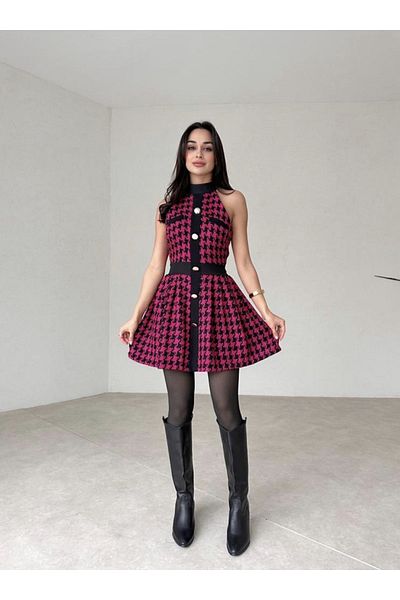 Afiş Butik Pink Tweed Halter Collar Houndstooth Patterned Dress