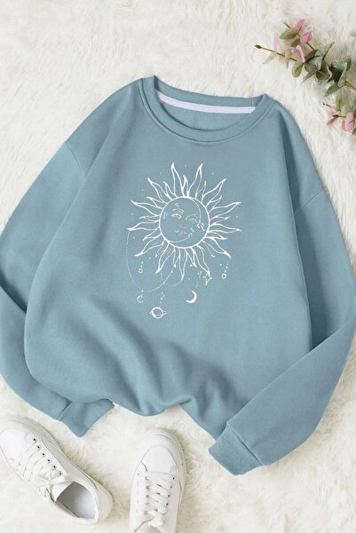 FECCY Baby Blue Digital Sun Printed Unisex Oversize Βαμβακερό Φούτερ - Λαιμόκ...