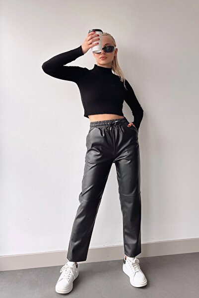 bacc Black Faux Leather Joger Pants - Comfortable Cut, Elastic Waist, Split Bc231025