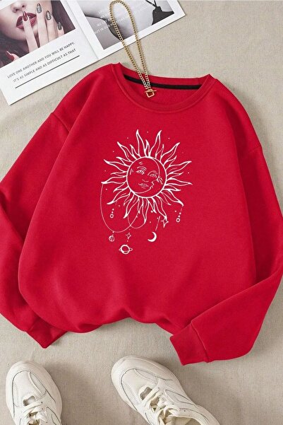 FECCY Hanorac oversize unisex cu imprimeu digital roșu - Decolteu tip crew, d...